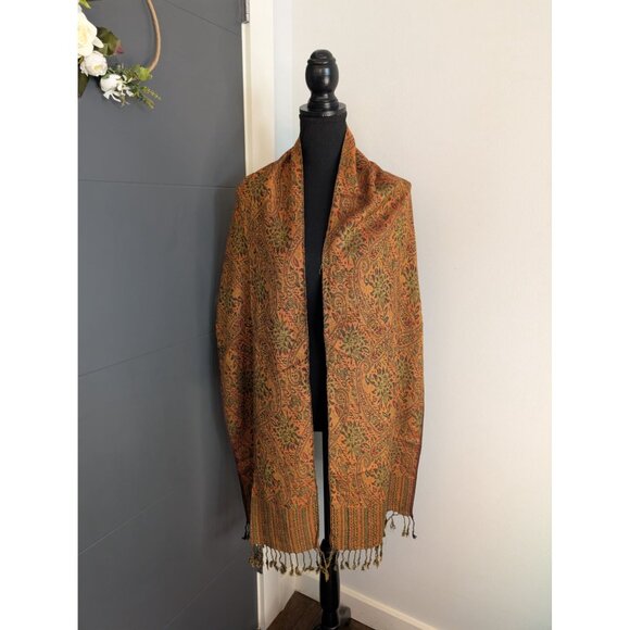 Vintage Green & Orange Floral Paisley Cashmere Blend Pashmina Shawl Scarf Wrap - Picture 2 of 5